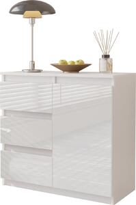 FURNICA - MIKEL - Komoda s 3 zásuvkami a 1 dvierkami - biela matná / biely lesk V75cm Š80cm H35cm