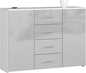 BDW Komoda s vysokým leskom, 4 zásuvky, 2 dvierka, 110x80 cm, bielo-sivá