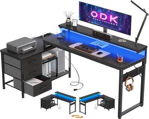 Stôl ODK v tvare L so zásuvkami a LED diódou, 174x100 cm, herný stôl, USB port na nabíjanie, čierny