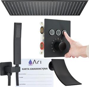 Podomietkový sprchový systém Ari, termostatická sprchová batéria, daová a vodopádová sprcha, ierny podomietkový box