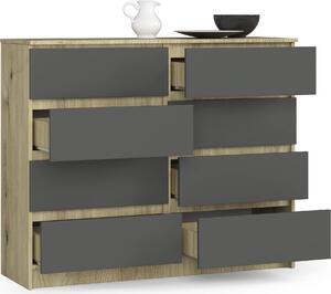 BDW, komoda s 8 zásuvkami, 120x99x40 cm, veľa úložného priestoru, dub Artisan - sivá
