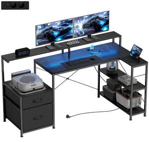 HOMCOM herný stôl v tvare L, rozmery 165 x 80 cm, s LED osvetlením a zásuvkami