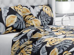 Biante Bavlnené posteľné obliečky Sandra SA-228 Sivé a zlaté tropické listy na čiernom Predĺžené 140x220 a 70x90 cm