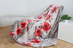 Sivá teplá deka s potlačou červených kvetov Šírka: 160 cm | Dĺžka: 210 cm