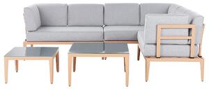 Záhradná sedacia súprava sivá svetlé drevo hliník polyester 6-miestna 2 konferenčné stolíky balkón terasa exteriér