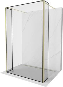 Mexen Kioto, 3-stenová sprchová zástena Walk-In 90 x 30 x 30 cm, 8mm číre sklo čierny vzor, zlatý lesklý profil,800-090-030-222-50-70-030