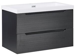 Závesná kúpeľňová skrinka s keramickým umývadlom čierna MDF 80 cm s 2 zásuvkami moderný dizajn