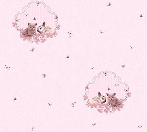 Detské vliesové tapety na stenu Little Stars 35564-1, rozmer 10,05 m x 0,53 m, zajačik a mačiatko na ružovom podklade, A.S.Création