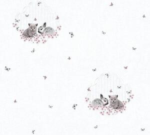 Detské vliesové tapety na stenu Little Stars 35564-2, rozmer 10,05 m x 0,53 m, zajačik a mačiatko na bielom podklade, A.S.Création