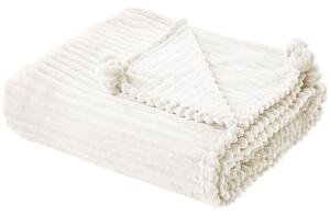 Deka biela polyester 150 x 200 cm rebrovaná štruktúra s brmbolcami prikrývka na posteľ
