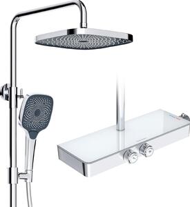 Sprchový systém Rainsworth s termostatom a sklenenou poličkou chróm - Kompletná sprchová batéria s dažďovou sprchou 26 x 26 cm, ručnou sprchou 3 režimy prúdu a spodnou výtokovou rúrkou - Sprchová súprava dažďová sprcha s batériou