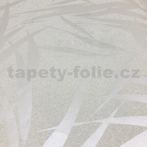 Vliesové tapety na stenu Ella 6753-10, bambusové listy strieborné na bielej textilnej štruktúre, rozmer 10,05 m x 0,53 m, Novamur 82051