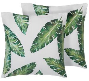 Sada 2 dekoratívnych vankúšov zelená biela polyester 45 x 45 cm štvorcový tvar rastlinný vzor motív palmových listov moderný štýl doplnky