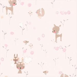 Papierové tapety na stenu Boys & Girls 36988-3, lesné zvieratká na ružovom podklade, rozmer 10,05 m x 0,53 m, Grandeco
