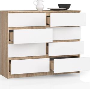 BDW, komoda s 8 zásuvkami, 120x99x40 cm, veľa úložného priestoru, dub Sonoma - biela