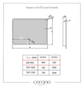 Cerano Grande, LED kúpeľňové zrkadlo 80x60 cm s vykurovacou podložkou proti zahmleniu, CER-CER-DY-2073H