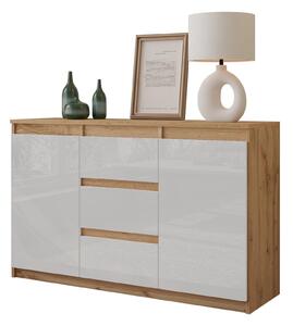 MIKEL - Komoda s 3 zásuvkami a 2 dvierkami - dub Wotan / biely lesk V75cm Š120cm H35cm