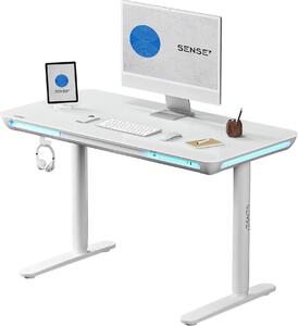 SENSE7 NOMO Elektricky výškovo nastaviteľný stôl 120 x 60 cm, biely, sklenený, počítačový stôl, herný stôl, stôl na státie, pamäťová funkcia, LED osvetlenie, zásuvka, USB, ergonomický