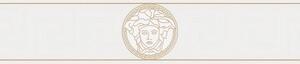 Vliesové bordúry na stenu Versace III 93522-3, rozmer 5 m x 13 cm, hlava medúzy zlato-biela s gréckym kľúčikom, A.S. Création