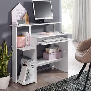 FineBuy Počítačový stôl, biely, 94 x 90,5 x 48,5 cm, moderný stôl na notebook s výsuvnou podložkou na klávesnicu, stôl na PC s odkladacou plochou na tlačiarňu, priestorovo úsporný písací stôl, stôl na notebook