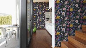 Vliesové tapety na stenu Trendwall 37236-4, rozmer 10,05 m x 0,53 m, kvety farebné na čiernom podklade, A.S. CRÉATION