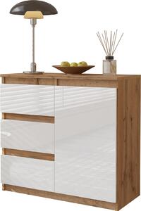 FURNICA - MIKEL - Komoda s 3 zásuvkami a 1 dvierkami - dub Wotan / biely lesk V75cm Š80cm H35cm
