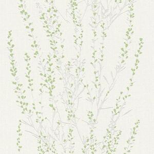 Vliesové tapety na stenu Blooming 37267-2, rozmer 10,05 m x 0,53 m, vetvičky strieborné so zelenými lístkami, A.S. CRÉATION