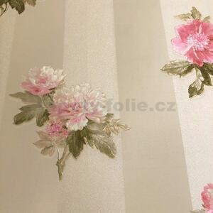 Vliesové tapety IMPOL Romantico 30447-4, rozmer 10,05 m x 0,53 m, ružové kvety na hnedo-krémových pruhoch, A.S. Création