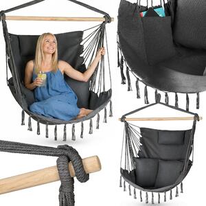 Outtec® Závesné kreslo s 3 vankúšmi - 100x130x75cm, do 140 kg - Boho kreslo s strapcami, beanbag, hojdačka pre exteriér, záhradu, balkón, domácnosť - sivá