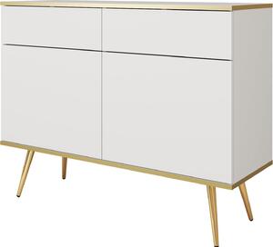 Komoda Banff KSZ107 - biela - zlaté nohy - 2 zásuvky - šírka 107 cm, výška 85 cm, hĺbka 39 cm