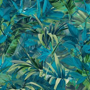 Vliesové tapety na stenu IMPOL Jungle Fever JF2302, listy zeleno-tyrkysové, rozmer 10,05 m x 0,53 m, GRANDECO