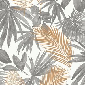 Vliesové tapety na stenu IMPOL Jungle Fever JF3601, palmové listy zlato-sivé, rozmer 10,05 m x 0,53 m, GRANDECO