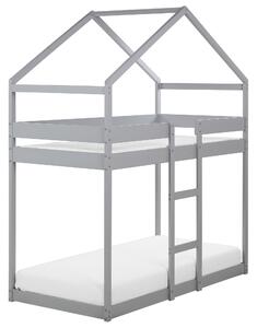 Detská drevená poschodová posteľ v tvare domčeka sivá 90 x 200 cm borovicové drevo s rebríkom
