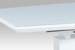 Rozkladací jedálenský stôl 140+40x80x76cm, biely lesk, biele sklo/brusený nerez