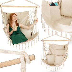 Outtec® Závesné kreslo s 3 vankúšmi - 100x130x75cm, do 140 kg - Boho kreslo s strapcami, beanbag, hojdačka pre exteriér, záhradu, balkón, domácnosť - béžová