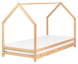 Detská posteľ svetlohnedá borovicové drevo 90 x 200 cm tvar domčeka lamelový rošt moderný štýl detská izba