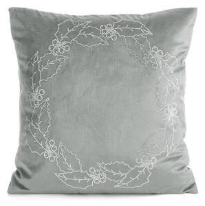 Dekorstudio Vianočná zamatová obliečka na vankúš s vencom z jarabinových listov 45x45cm - strieborná