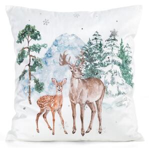 Dekorstudio Vianočná zamatová obliečka na vankúš s jeleňmi v zimnom lese 45x45cm - biela