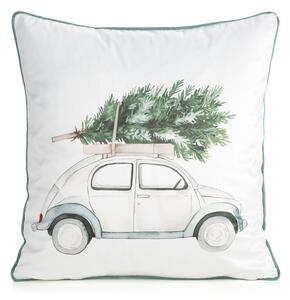 Dekorstudio Vianočná zamatová dekoračná obliečka na vankúš s retro autom a stromčekom 45x45cm - biela
