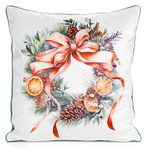 Dekorstudio Vianočná zamatová obliečka na vankúš s vencom, mašľou a citrusmi 45x45cm - biela