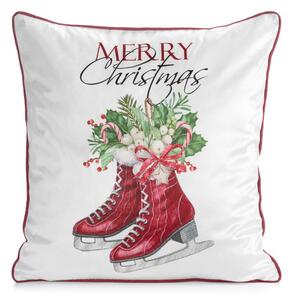 Dekorstudio Vianočná zamatová dekoračná obliečka na vankúš s korčuľami a nápisom Merry Christmas 45x45cm - biela