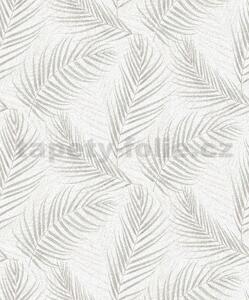 Vliesové tapety na stenu GMK 10221-31, rozmer 10,05 m x 0,53 m, palmové listy hnedo-sivé na bielom podklade, Erismann