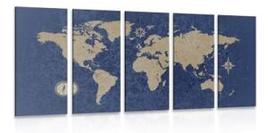 5-dielny obraz mapa sveta s kompasom v retro štýle na modrom pozadí - 100x50