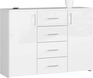 BDW Komoda s vysokým leskom, 4 zásuvky, 2 dvierka, 110x80 cm, biela