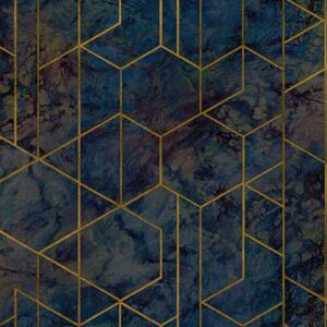 Vliesové tapety na stenu Wanderlust WL2503, rozmer 10,05 m x 0,53 m, metalická omietka modro-hnedá so zlatými hexagónmi , Grandeco