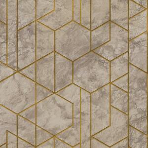 Vliesové tapety na stenu Wanderlust WL2502, rozmer 10,05 m x 0,53 m, metalická omietka béžovo-hnedá so zlatými hexagónmi , Grandeco