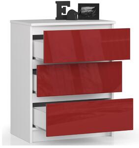 Ak furniture Komoda Kuba 60 cm - 3 zásuvky biela/červená