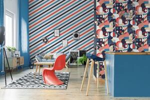 Vliesové tapety na stenu Pop M47010, barber-shop pruhy červené, modré, biele, zlaté, rozmer 10,05 m x 0,53 m, UGEPA