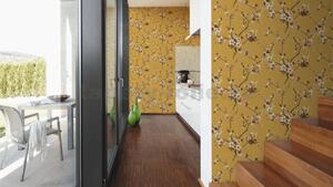 Vliesové tapety na stenu Desert Lodge 38520-1, rozmer 10,05 m x 0,53 m, kvety sakury bordovo-biele na žltom podklade, A.S. CRÉATION