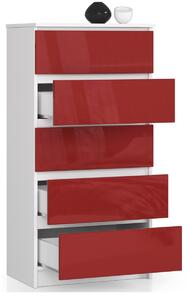 Ak furniture Komoda Kuba 60 cm - 5 zásuviek biela/červená